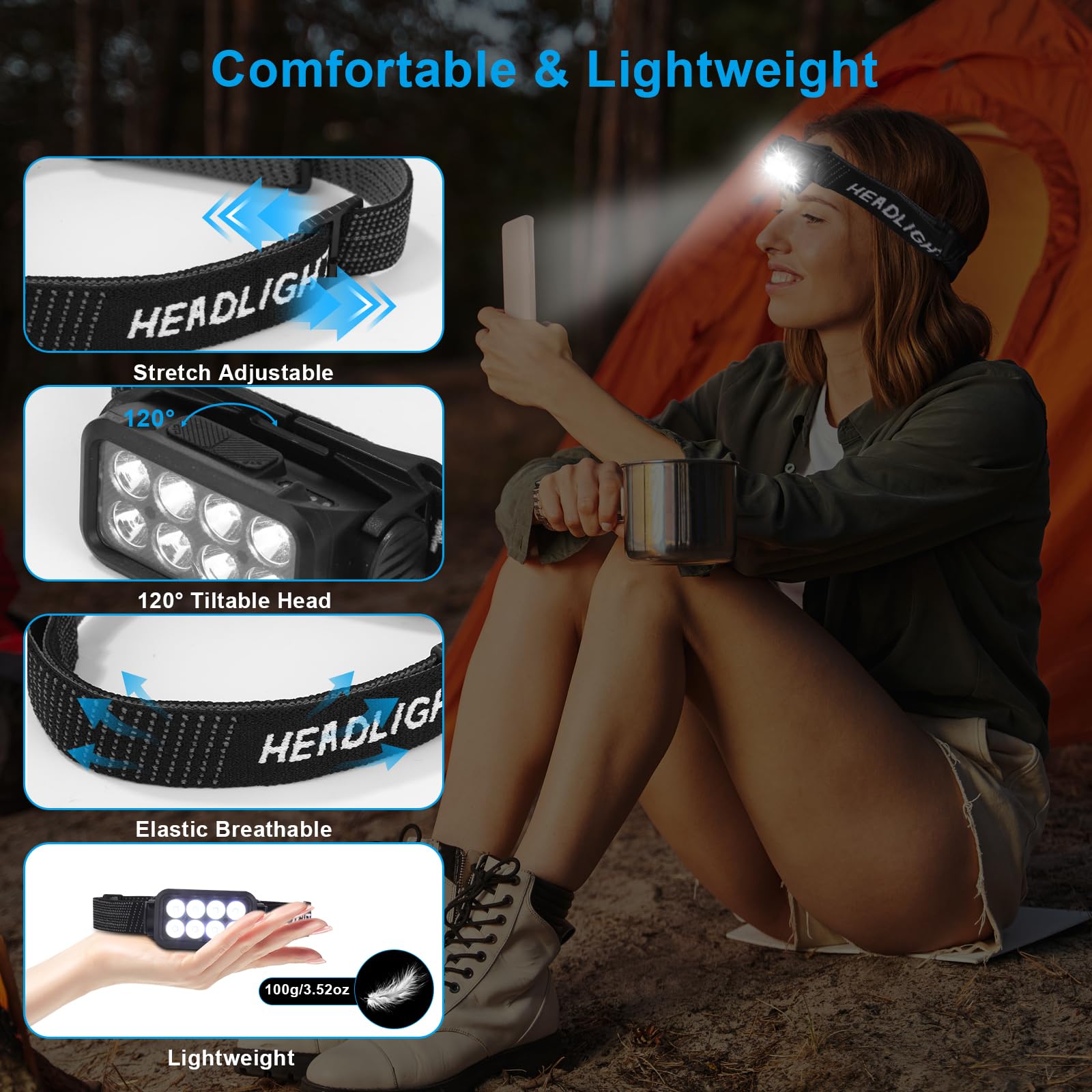 Set di 2 lampade frontali LED ricaricabili - Super luminose - 2500 lumen - 5 modalità di illuminazione - Leggere - IPX6 - Impermeabili - Sensore di luce - Per esterni, campeggio, corsa, pesca, le