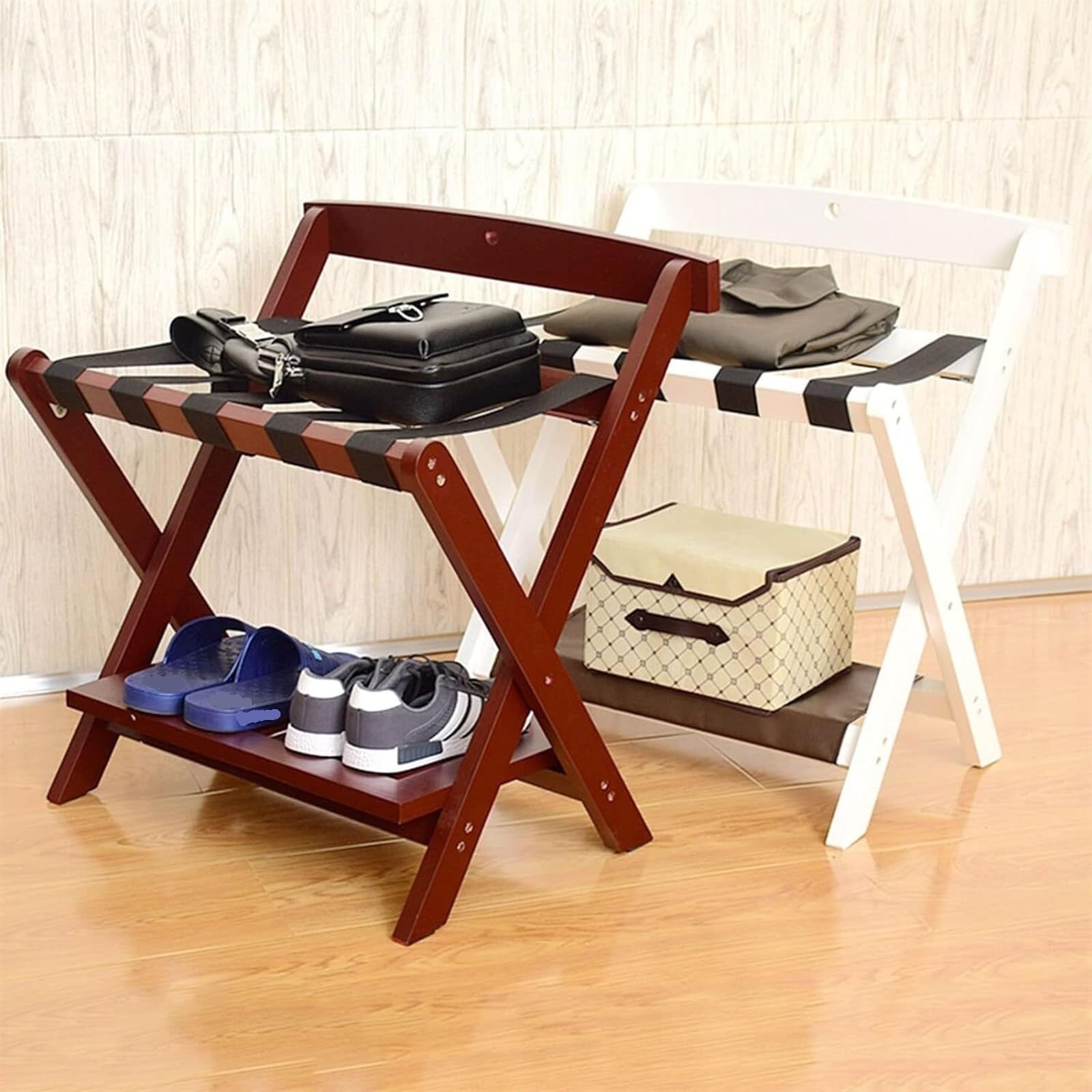 Portaequipajes Soporte Para Maletas Portaequipajes plegable del hotel con estante, estante para maletas de doble piso para habitación de invitados y dormitorio Portaequipajes Para Hotel(White)