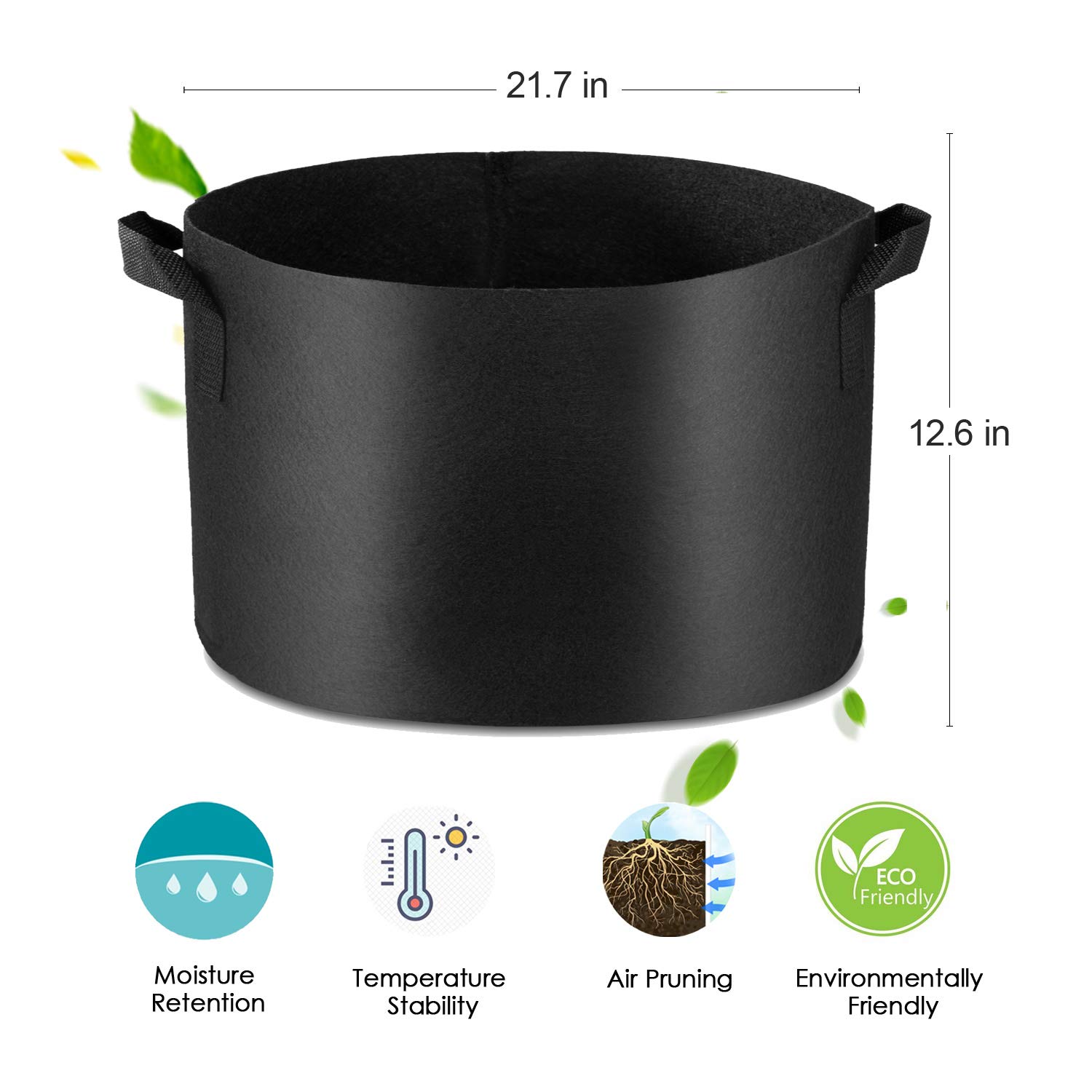 Lot de 5 Sacs de Culture de 78 litres en Tissu Non tissé épais avec poignées Noir