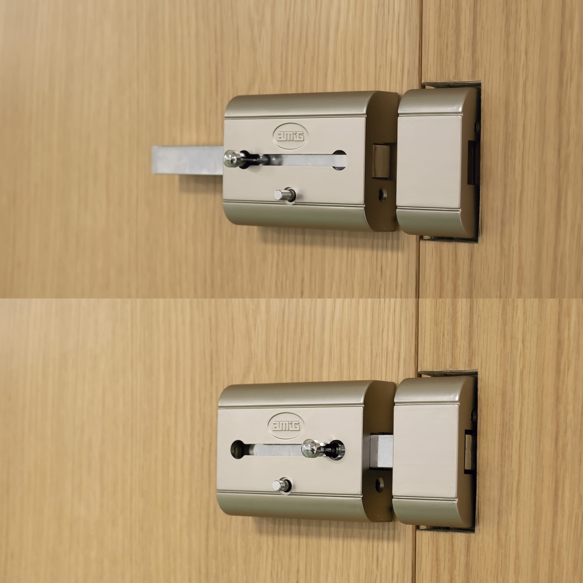 Amig - Serratura da sovrapposizione ad alta sicurezza per porte in legno | Mod. 15 PLUS | 98 x 77 mm | con cilindro rotondo di sicurezza e chiavistello | acciaio argento