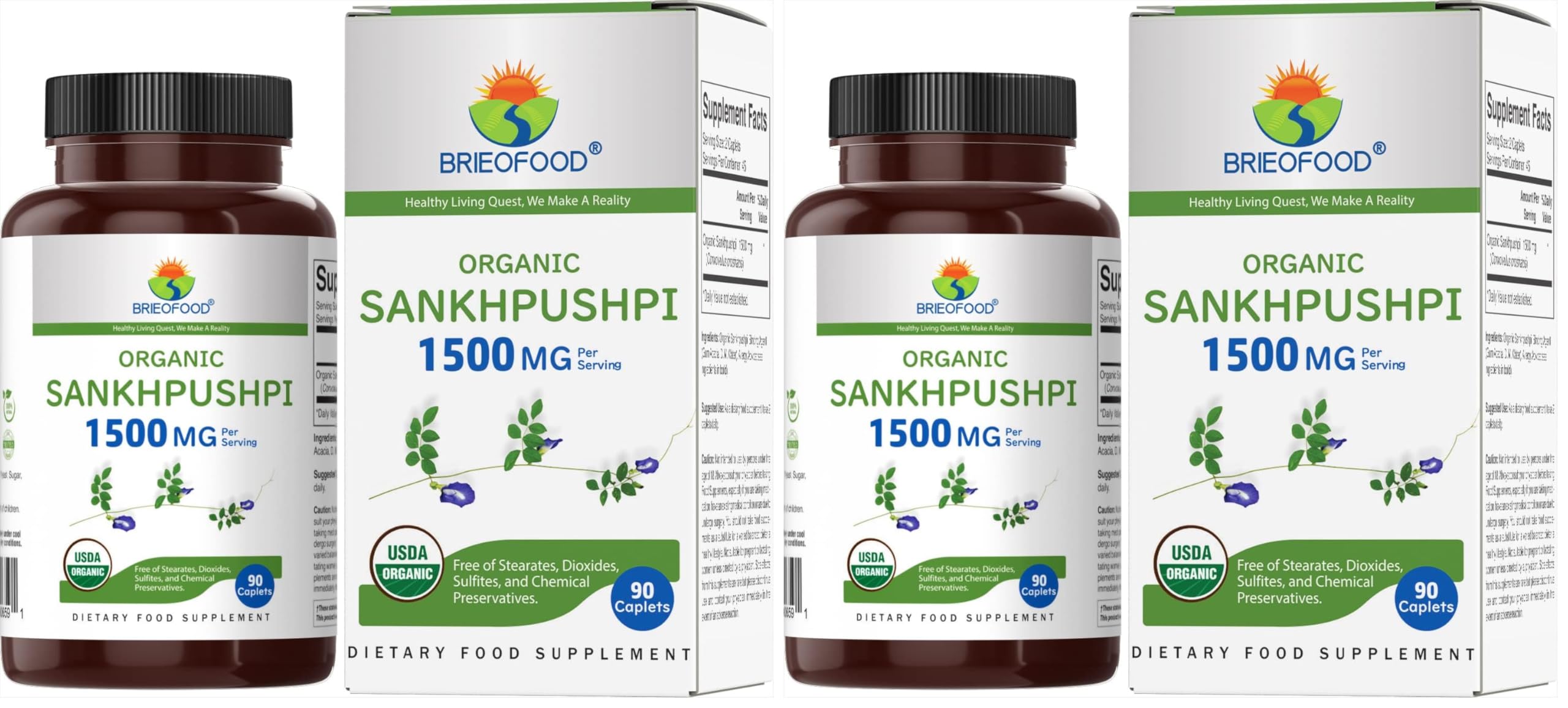 Brieofood Organic Sankhpushpi 1500mg, 45 Servings, Vegetarian, Gluten Free, 90 Vegetarian Tablets (Pack of 2) 90 Count (Pack of 2)