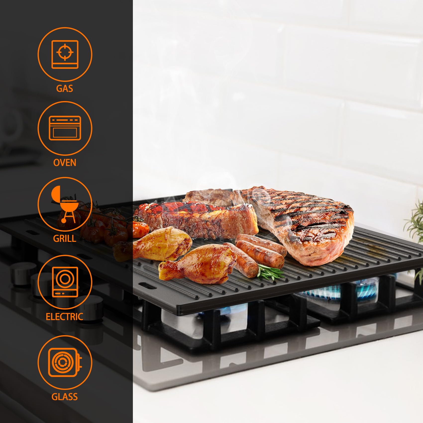Onlyfire 48.5 x 40 cm Plaque de Cuisson Réversible en Fonte pour Barbecue à Gaz et Cuisinière à Gaz- Plaque Plancha Universelle en Fonte - Plaque à Griller pour BBQ - Plaque de Grill pour Barbecue