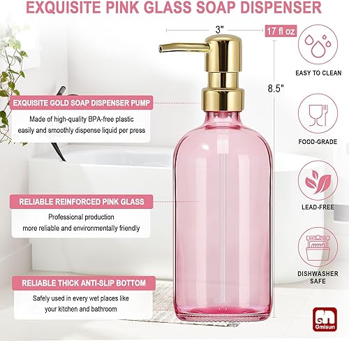 Miniatura 3 de GMISUN Dispensador de jabón rosa para baño, 1 paquete de dispensadores de jabón para platos de vidrio para cocina con bomba dorada de plástico