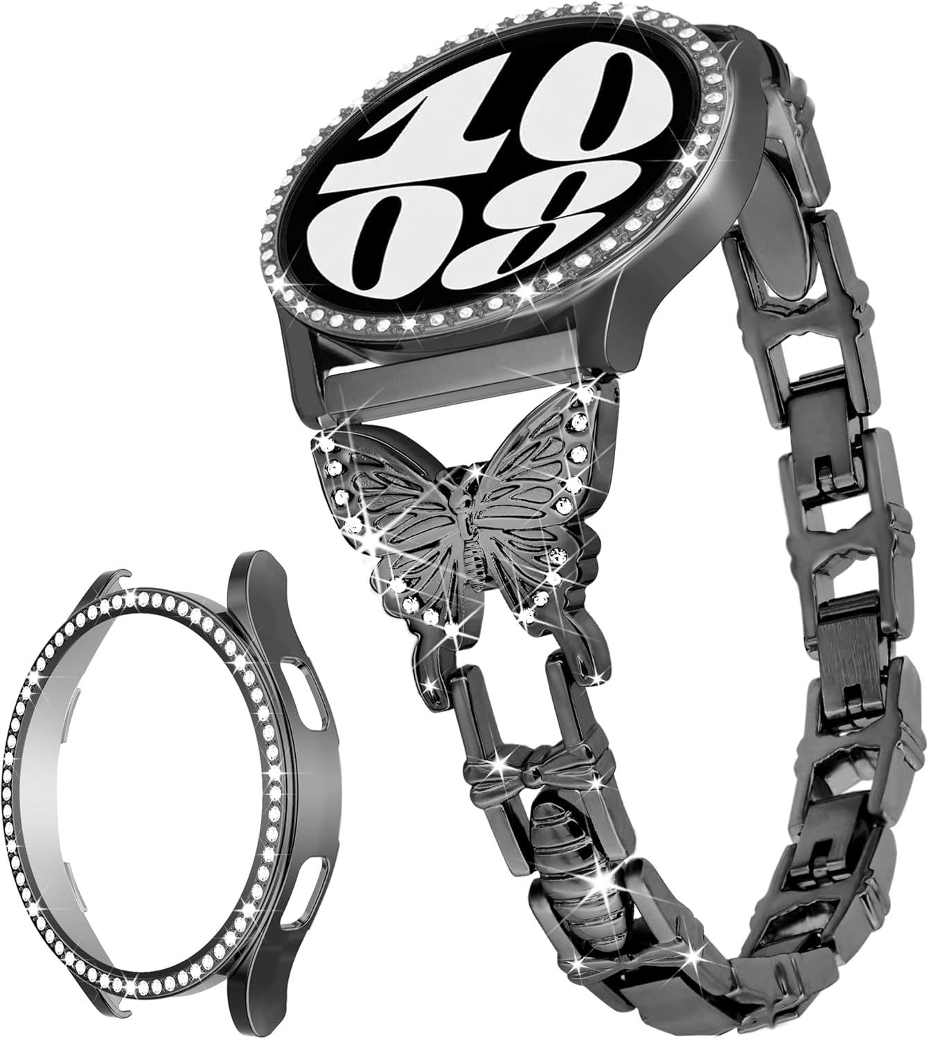 Butterfly Band Compatible with Samsung Galaxy Watch 6 Band-40mm with Protective Case (No Screen Protector), 20mm Quick Release Women Diamond Cute Metal Slim Watch Bands & Bling Cover Case