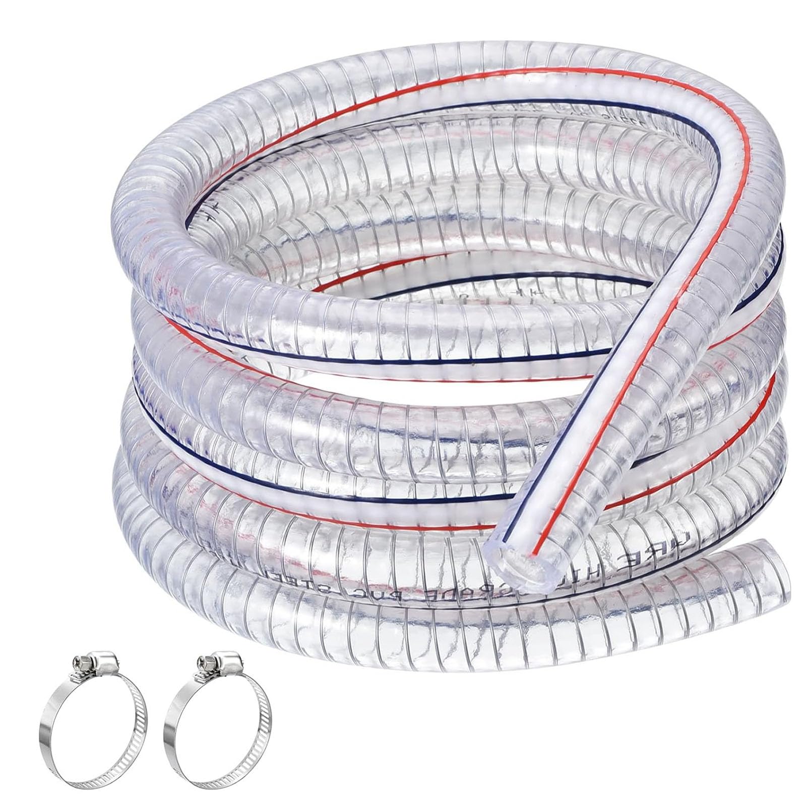 Manguera flexible de PVC con alambre de acero, Manguera de PVC reforzada con alambre de acero de 5,5 mm de pared transparente de 1 m con 2 abrazaderas, varios tamaños(ID 80mm)