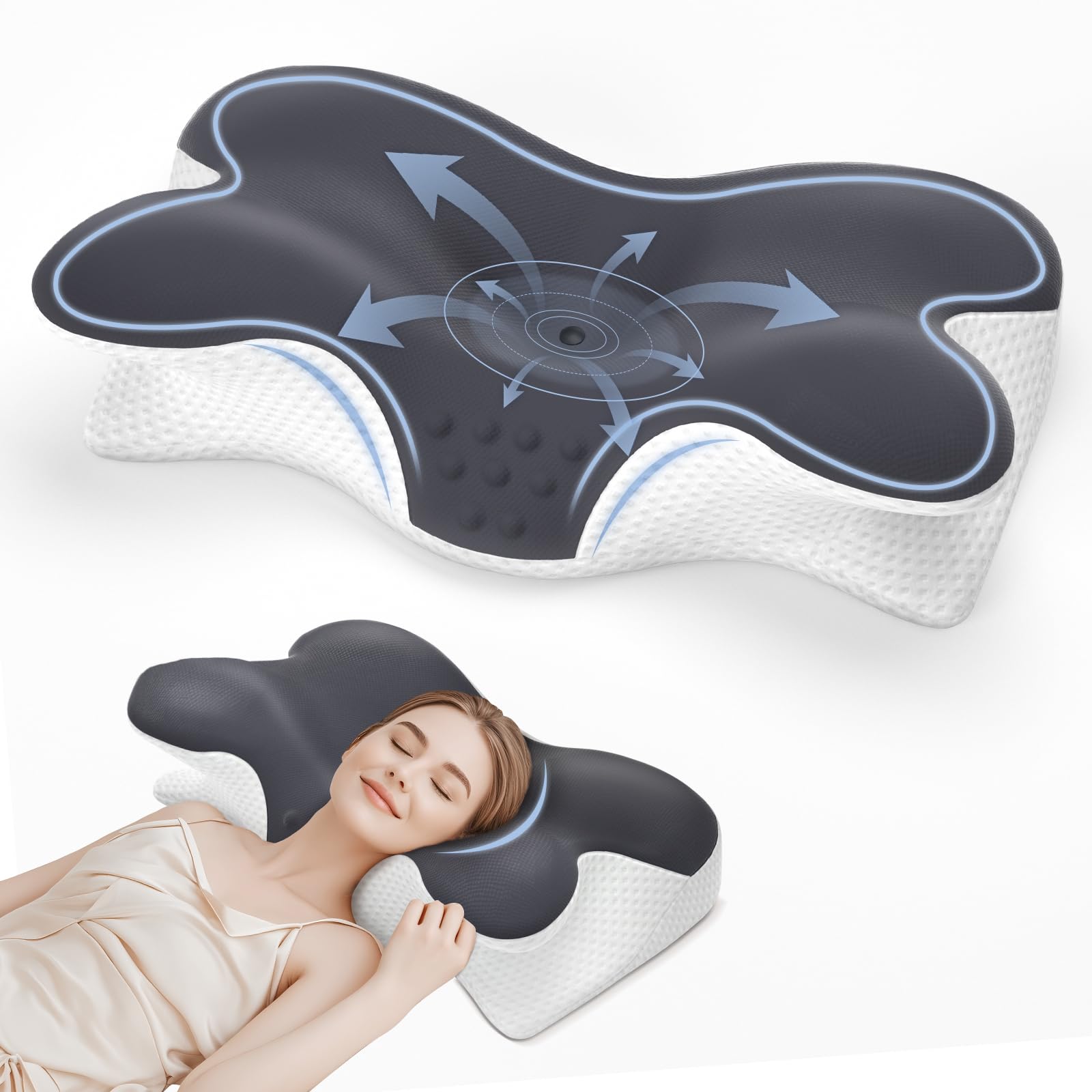 Jpoht Cervical Neck Pillow for Neck Pain Relief,Ergonomic Neck Support Pillow for Sleeping,Orthopedic Memory Foam Pillow for Back Stomach Sleepers,Sleep Apnea Pillow with Pillow Covers