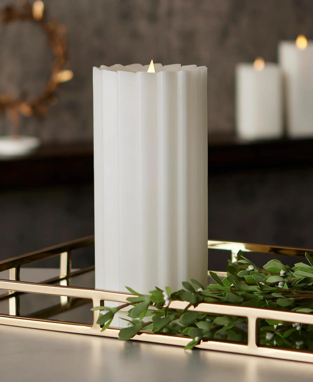 Seasonal LLC Sutton Fluted Seasonal Realistic Motion Flameless Battery Powered Pillar Candle | 3D Moving Flame | Adjustable Brightness | Translucent and Glowing Body White 5x11