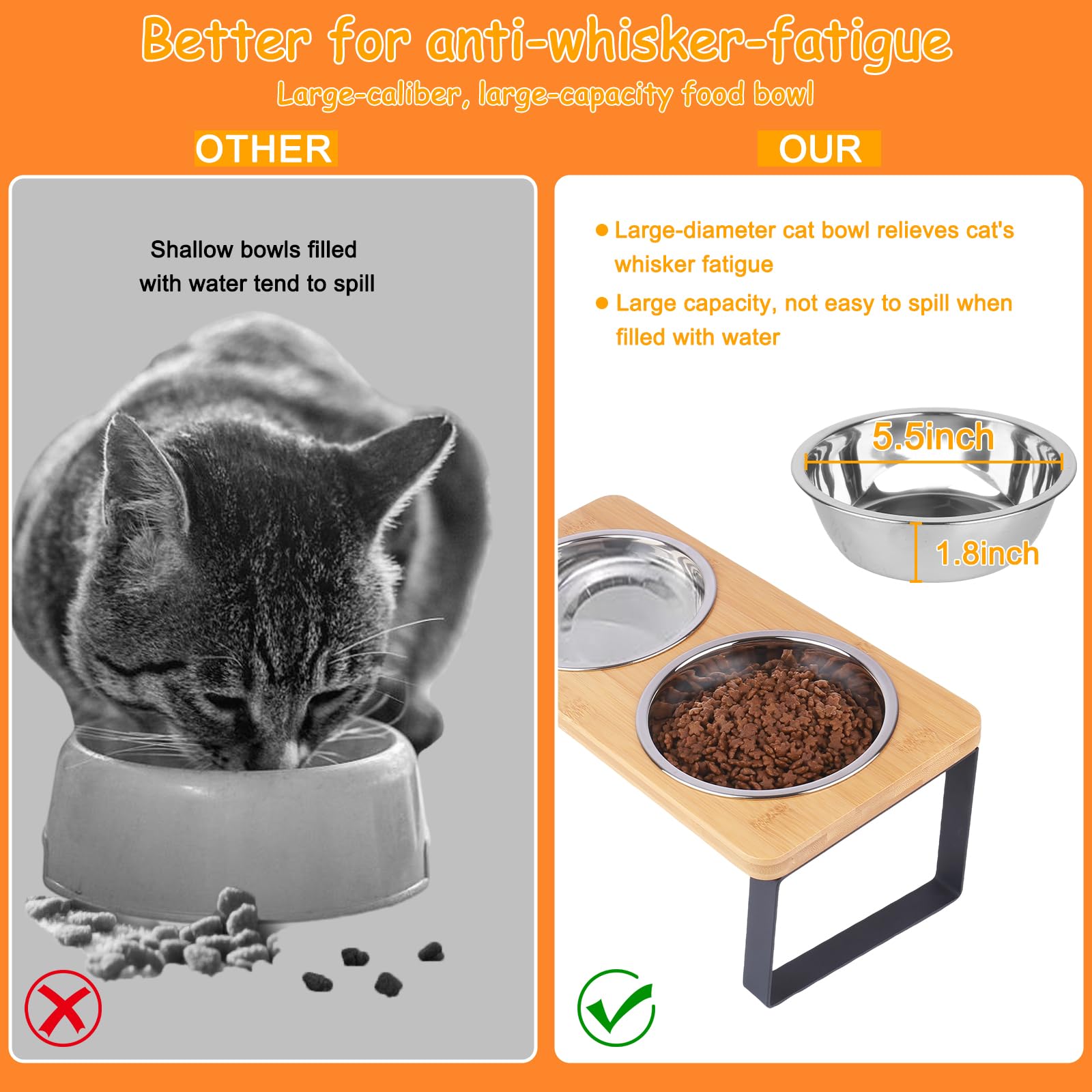 Cuencos elevados para gatos, soporte elevado para gatos con cuencos de acero inoxidable de 16 onzas, comedero antideslizante para gatos y cachorros, cuencos elevados inclinados de 15° para mascotas,