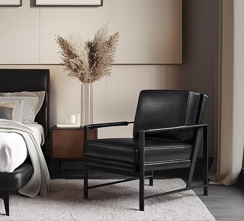 Miniatura 31 de Yaheetech Sillón de piel sintética, silla retro de ocio con acolchado y cojín extrasuave, moderna silla de lectura con marco de metal negro para