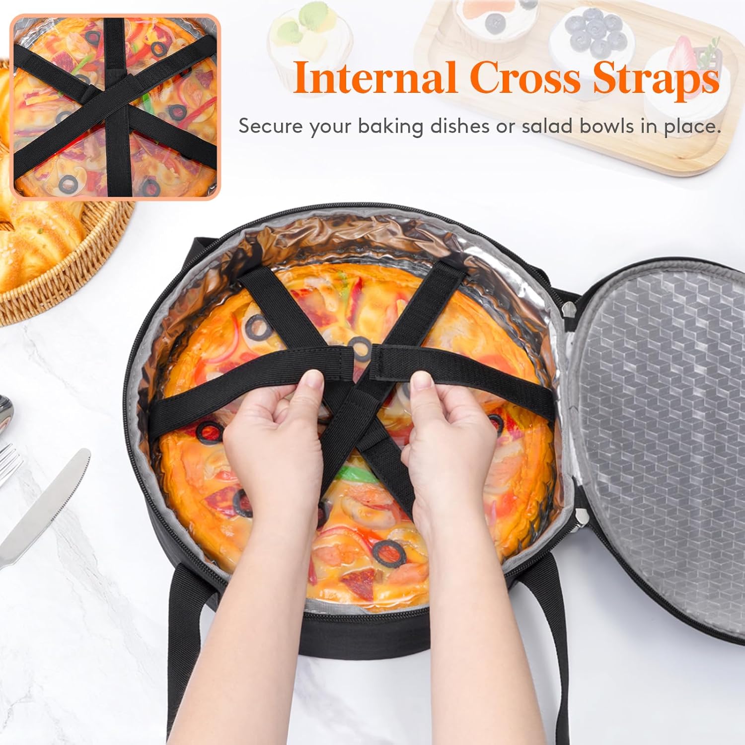 Lifewit Insulated Single Decker Round Casserole Carrier, Portable Pie Carrier Bag for Hot or Cold Food, Fits 12.5" Baking Dish, Thermal Lunch Tote for Potluck Parties, Picnic and Cookouts, Black - Image 3
