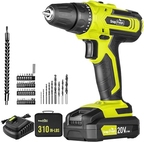SnapFresh Cordless Drill Set, 3/8" Power Drill with 2 Variable Speed, 21+1 Torque Setting, LED, 43pcs Drill Bits, 20V Impact Driver Kit,DIY-2.0Ah Battery & Fast Charger Included