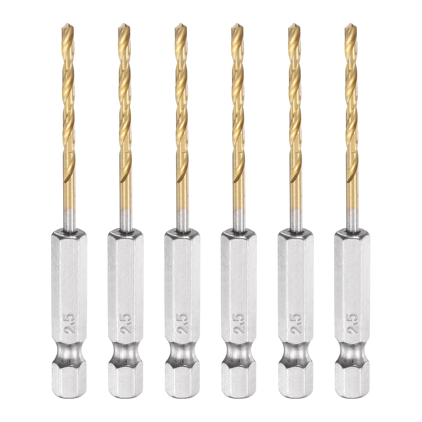 sourcing map 6pcs 1/4" Hex Shank Titanium Twist Drill Bit 2.5mm Drilling Dia 75mm Length High Speed Steel Drills for Hardened Metal, Stainless Steel, Cast Iron, Wood, Plastic