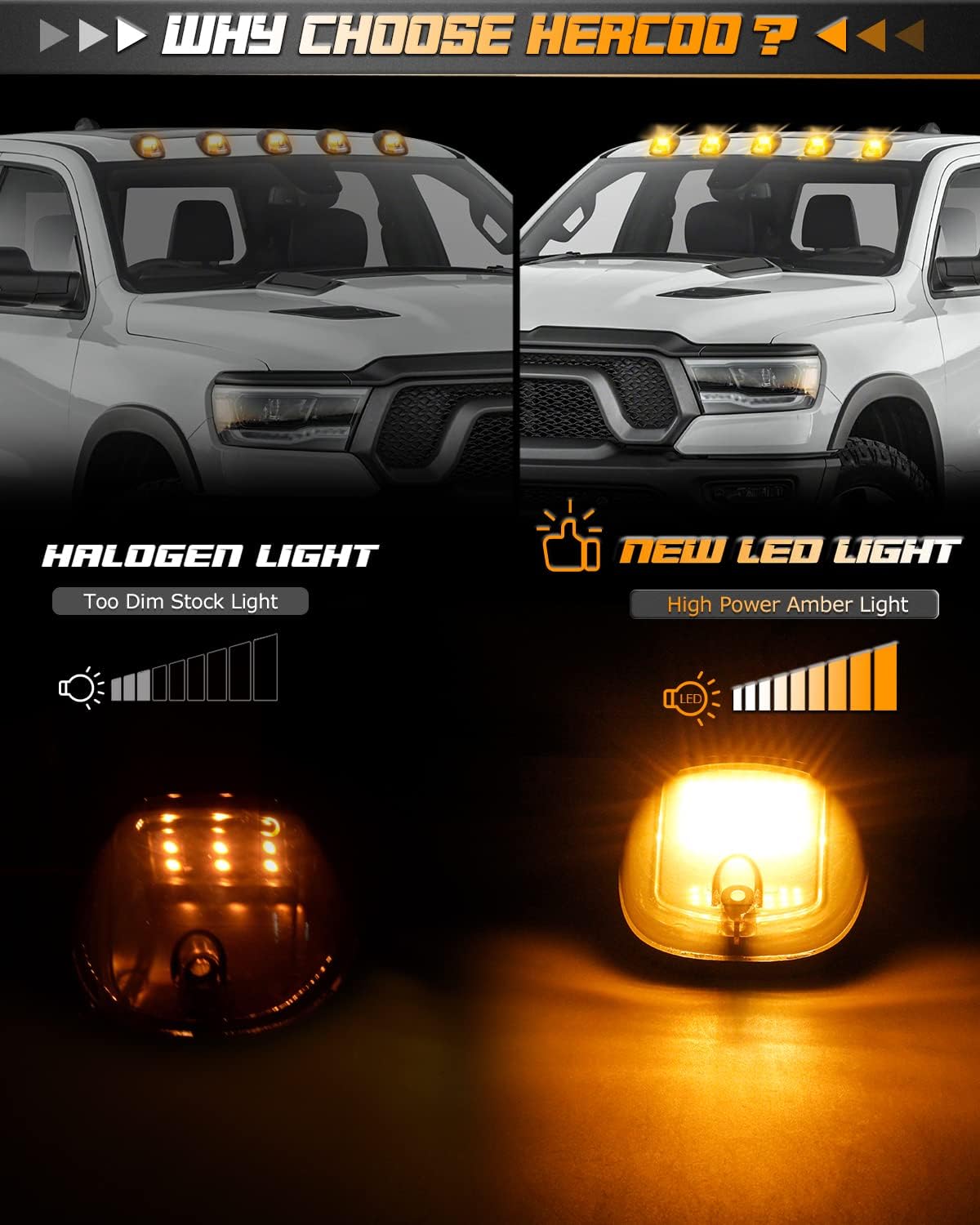 HERCOO 5PCS Smoke Lens Cab Marker Lights Clearane LED Running Roof Top Marker Light Assembly with Wire Harness Compatible with Doge Ram 1500 2500 3500 4500 5500 2003-2018 Pickup Trucks, Amber