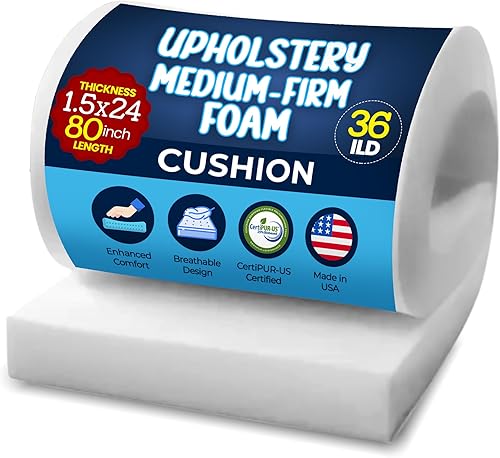 Miniatura 1 de Isellfoam Cojín de espuma para tapicería, 1.5 pulgadas de alto x 24 pulgadas de ancho x 80 pulgadas de largo (firmeza media), repuesto de asiento,