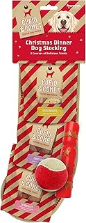 Rosewood Cupid & Comet Christmas Dinner Dog Treat Toy Stocking Gift, 1 x 40g Cheese sticks, 1 x 40g Turkey strips, 1 x 40g salmon bites, 1 x Tennis Ball and 1 x Squeaky Cracker Toy