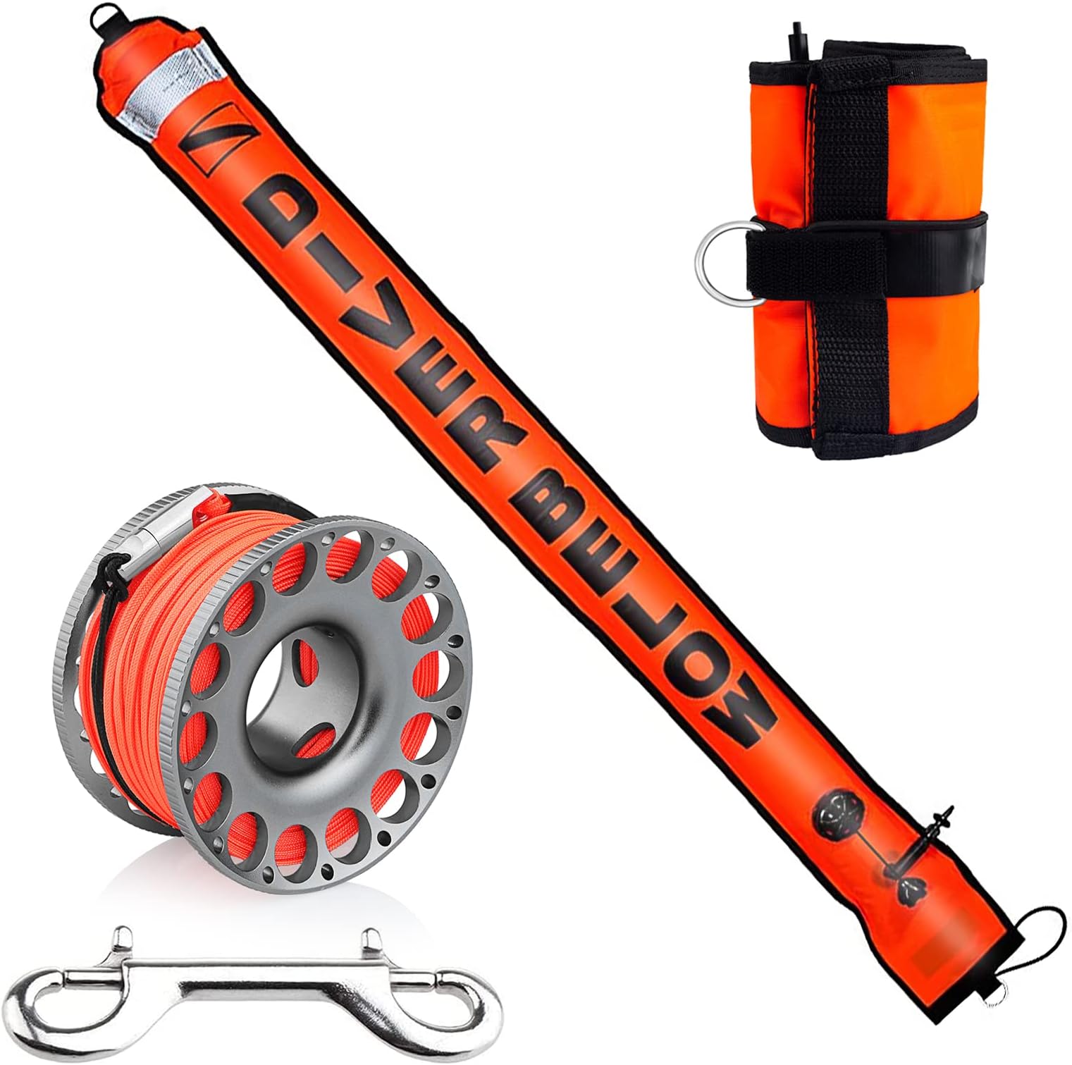 5ft Red Scuba Diving Open Bottom Surface Marker Buoy (SMB) with 98ft Finger Spool Alloy Dive Reel and Double Ended Bolt Clip - Gray