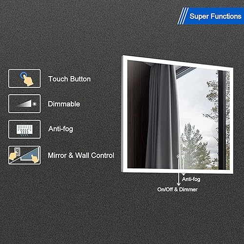 Miniatura 2 de Espejo de baño LED de 36 pulgadas con función antivaho regulable, cuadrado, vertical, horizontal, con botón táctil iluminado para montar en la pared