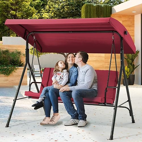 Miniatura 6 de Columpio de patio de 2 asientos, columpio al aire libre con cojines extraíbles, toldo ajustable para patio trasero, porche, jardín, asiento de tela,