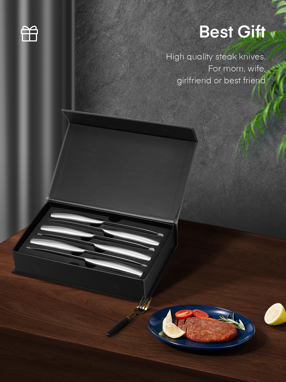 D.Perlla Couteau à Steak, 12 Pièces Avec Boîte Cadeau, Ensemble de Couverts à Steak de Cuisine Professionnelle, Dentelés Super Tranchants, 23CM