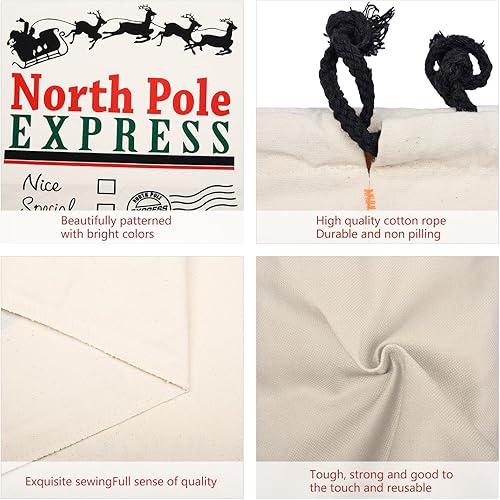 Miniatura 8 de Paquete de 8 bolsas grandes de Papá Noel con cordón, bolsas de regalo de Navidad de 27.5 x 19.5 pulgadas, bolsas de lona de algodón, bolsas de