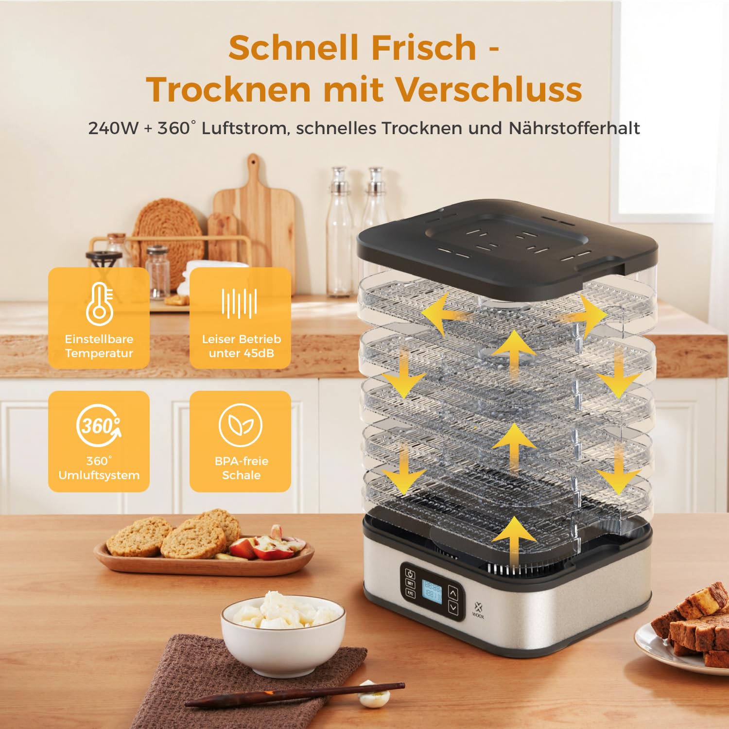 WOOX Dörrautomat, Dörrgerät mit Temperaturregler, 240W, 35-75°C, 72h-Timer, 5 Einlegefächer, Dörrautomat Edelstahl für Fleisch, Obst, Gemüse, Dehydrator - BPA frei
