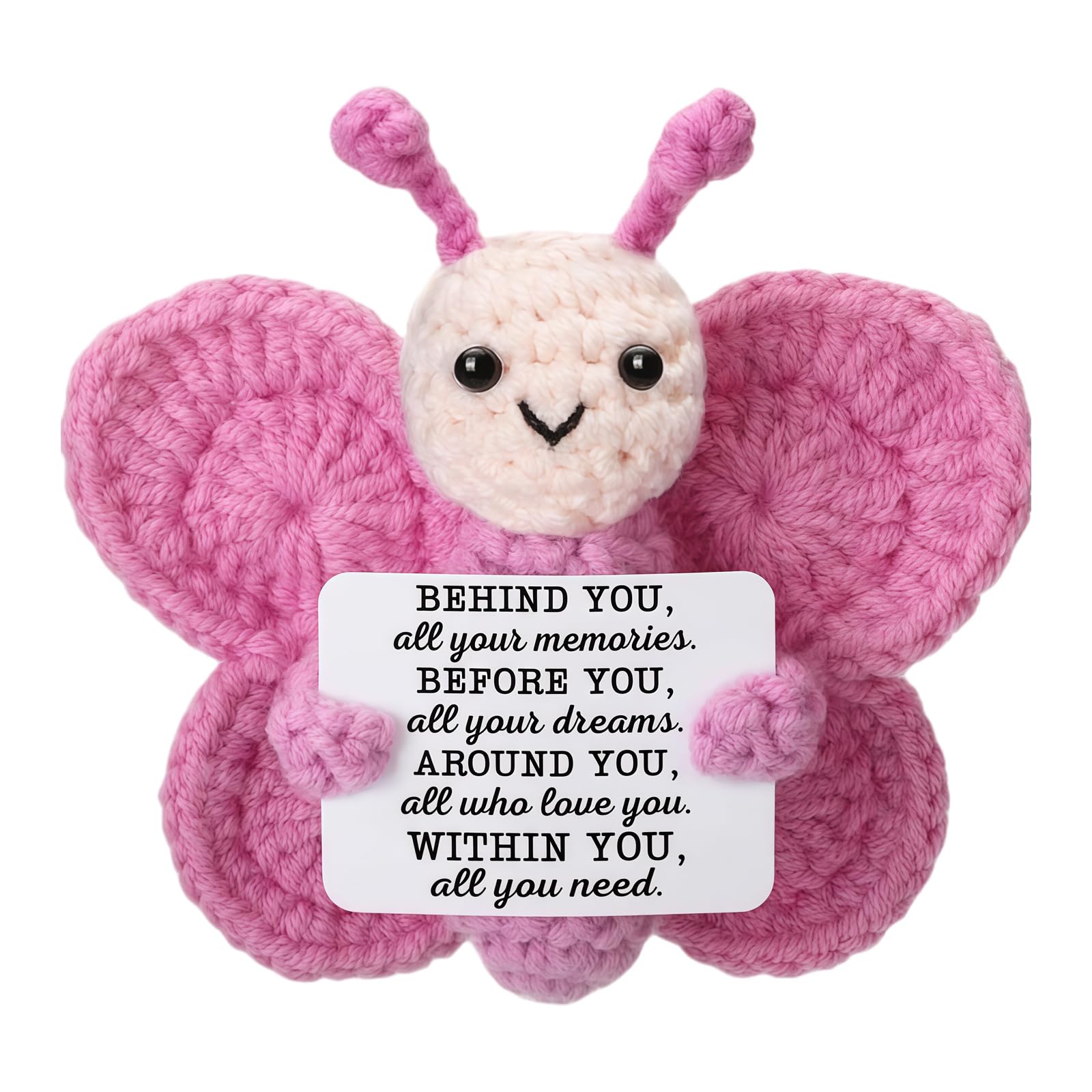 QIANSSE HandmadeJoy Positive Crochet Animals, Butterfly with Card Mini Emotional Support Crochet Doll Inspirational Positive Gifts for Home Office Car Decoration Crochet Positive Animals