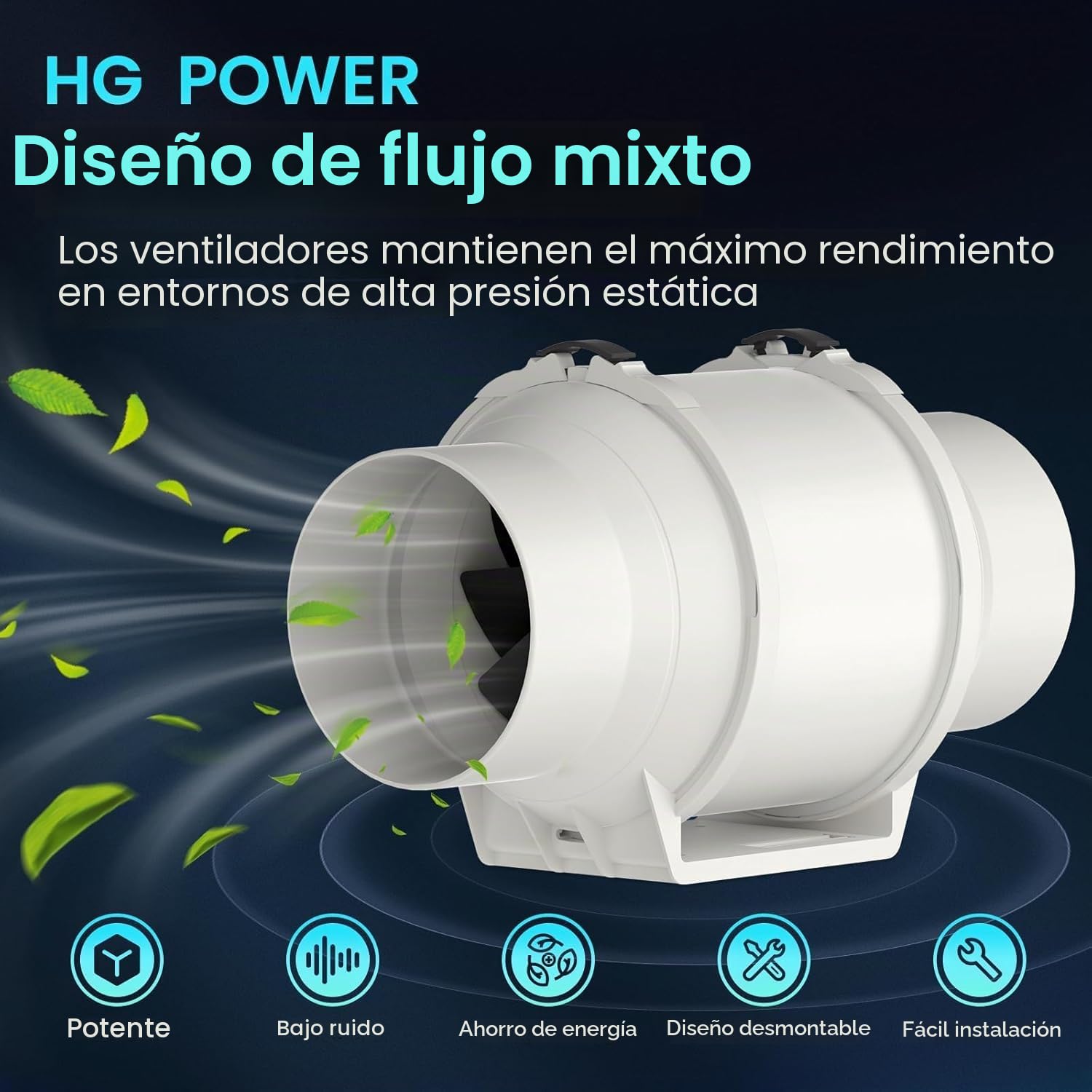HG Power Ventilador de tubo regulable de 125 mm, con ventilador, regulador de velocidad, ahorro de energía, silencioso, para baño, cocina, baño, garaje, ventilador de aire