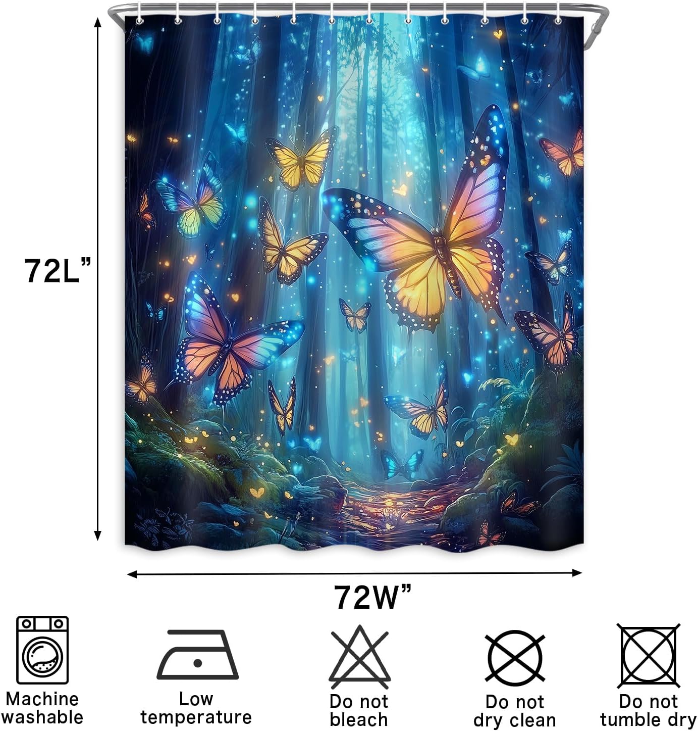 Blue Enchanted Forest Shower Curtain Magic Fairy Tale Gemstone Blue Forest Cute Butterfly Shower Curtain for Bathroom, Fantasy Nature Fabric Cloth Waterproof Bathroom Curtain with Hooks