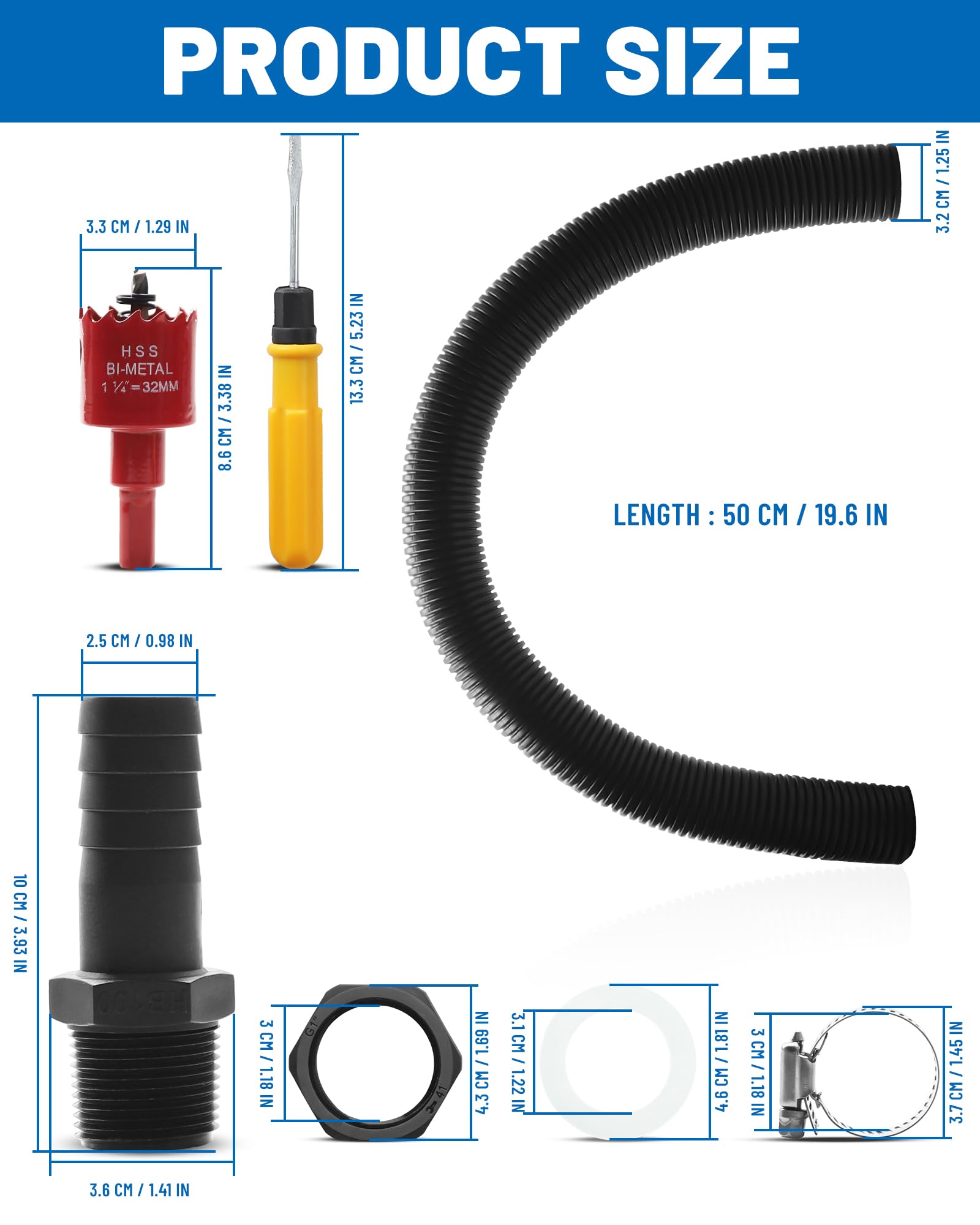 Zestaw połączeniowy do beczek 1,25 cala (32 mm) – łącznik z wężem 50 cm i końcówką 25 mm – przyłącze do deszczówki, zbiorników i beczek wodnych | Kompletny zestaw z uszczelkami, obejmami i narzędziami, łatwy montaż do beczek, zbiorników i cystern