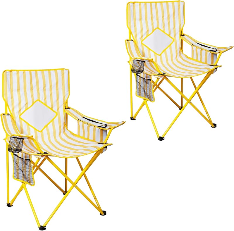 Nazhura 2 Pack Outdoor Camping Chairs Folding/Foldable/Portable with Cooler Pouch, Mesh Backrest and Cup Holder Pocket(Yellow, Metal, 2 Pack)