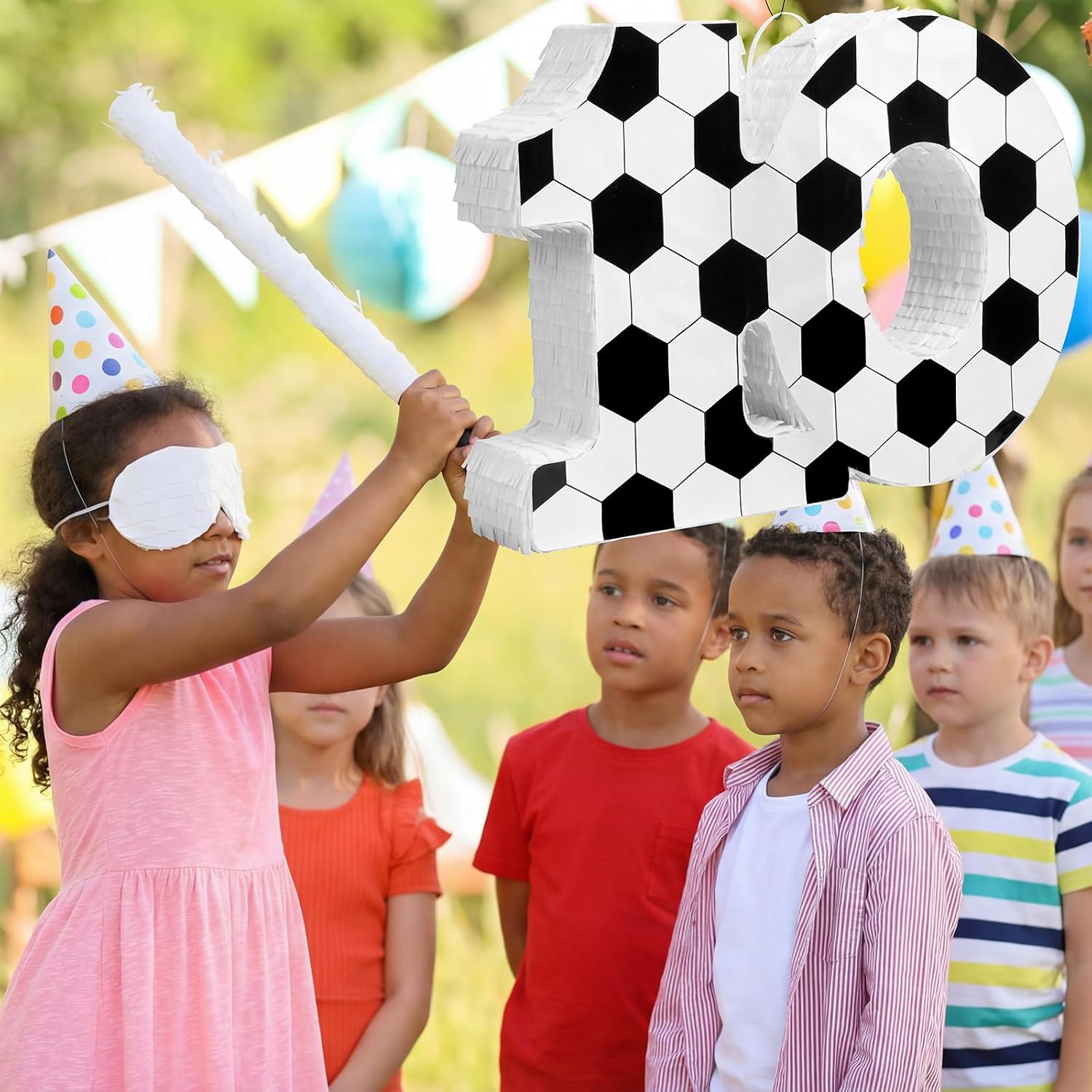 Gemscream Number 10 Soccer Piñata Bundle with Blindfold and Stick Small Piñata Party Decoration for Mexican Fiesta Cinco De Mayo School Anniversary Football Party Celebration Gift 15.75 x 11 x 2.8 in