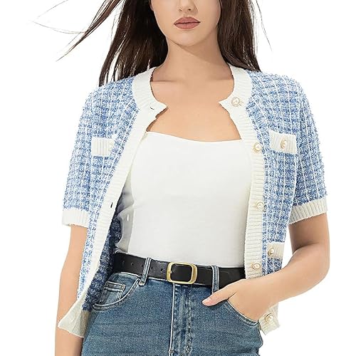 Womens Short Sleeve Cardigans Tops Summer Button Up Work Cropped Sweater Shirts 2025