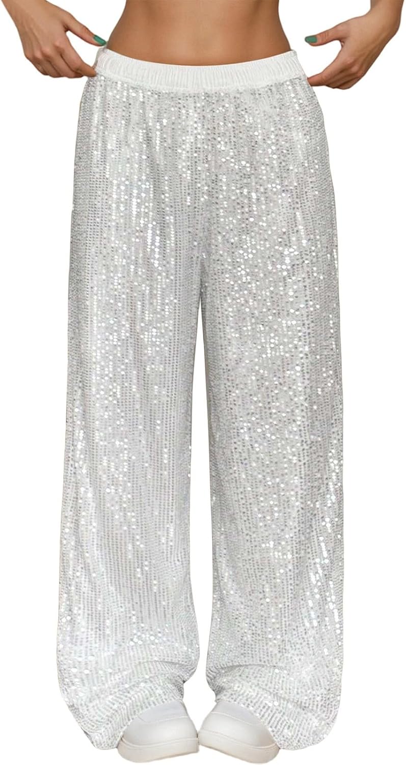 Pantaloni lunghi da donna, in argento, con paillettes, con gamba larga, in tessuto, eleganti, con brillantini, per Capodanno, 70 pezzi, Argento * vestito di Capodanno, s
