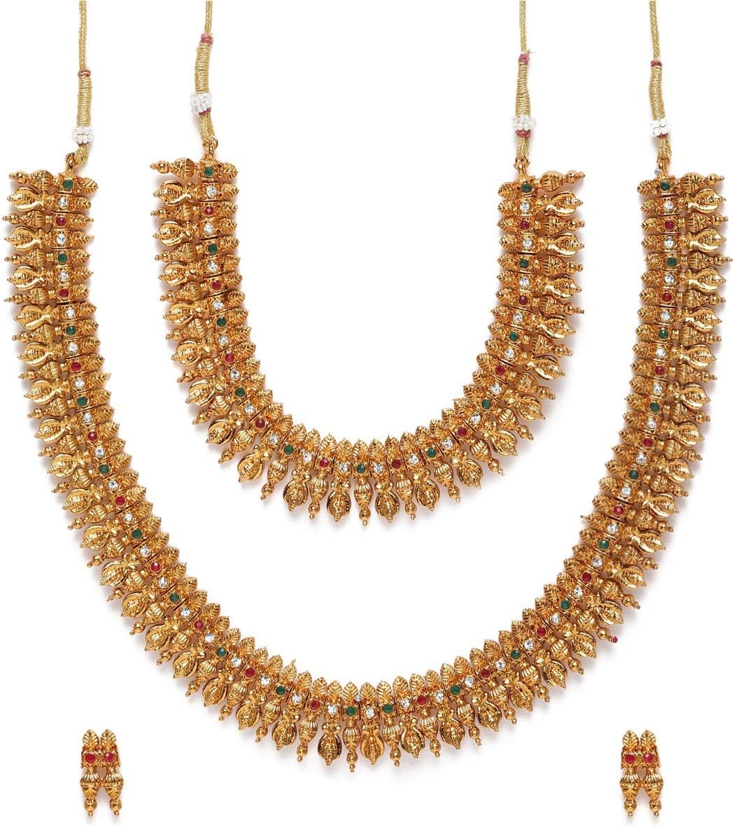 ZAVERI PEARLS Gold Tone South Indian Style Dual Size Necklace & Earring Set For Women-ZPFK9794