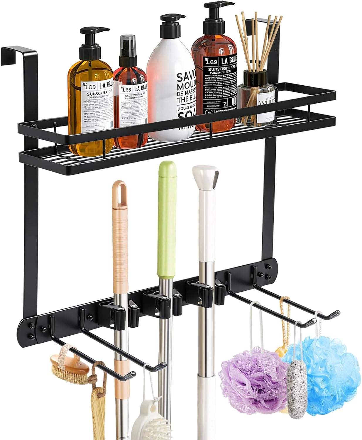 Broom Holder Door Mount,Door Mounted Broom and Mop Holder with Dual Tool Hooks, Three Slots, and One Tool Storage Basket For Laundry Room, Garage, Closet, warehouse, Kitchen Decor (black)