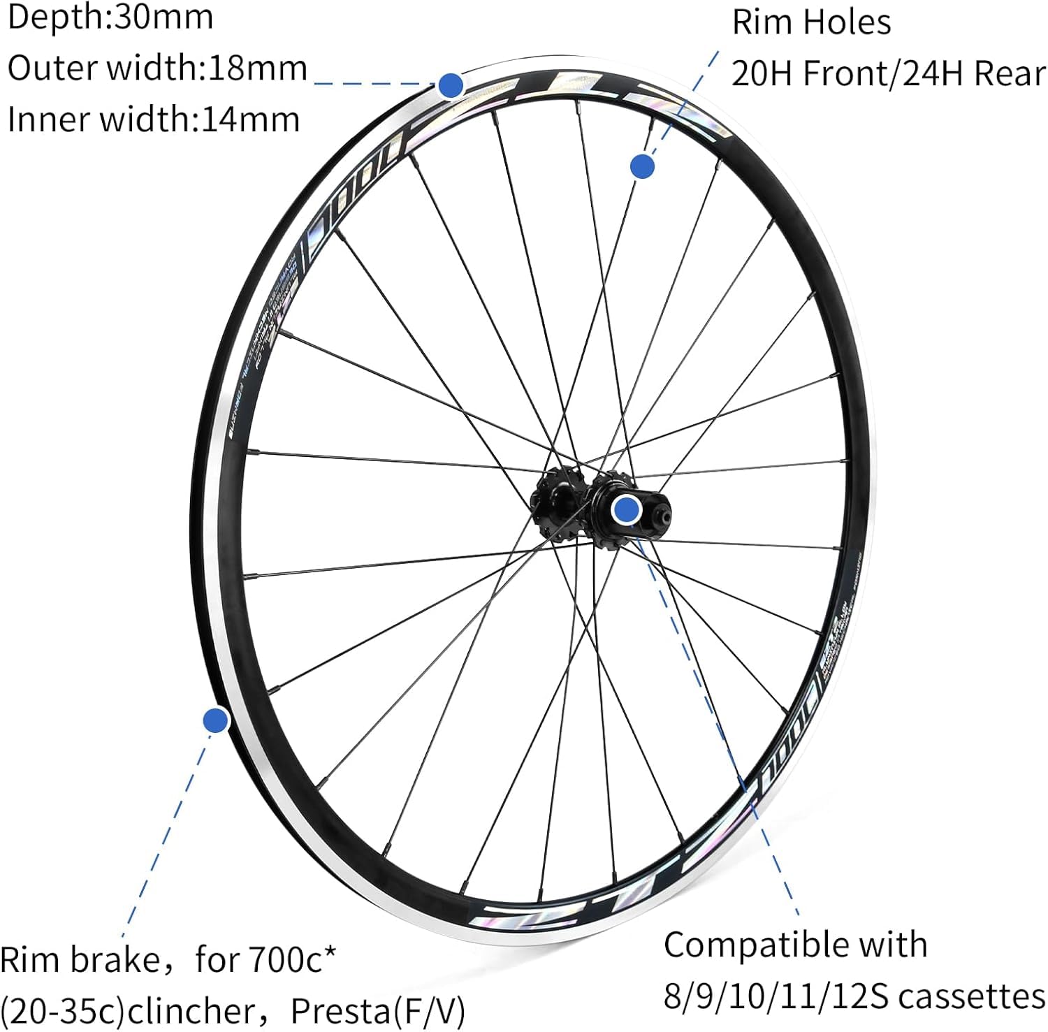 700C Rennrad-Laufradsatz, Ultraleichtes 30mm Rennrad-Laufrad aus Aluminiumlegierung, 20H vorne/24H hinten hochfeste Felgen, 700c Clincher, Felgenbremse, Kompatibel mit 8-12 Gang Kassetten
