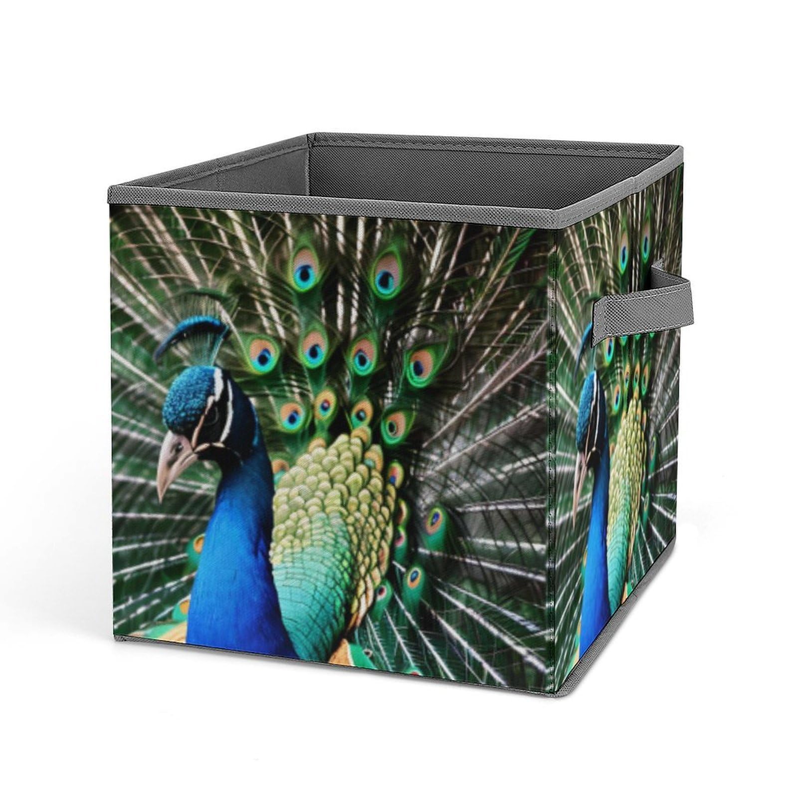 Peacock Storage Baskets Collapsible, Exquisite Pattern Cube Box, Canvas Fabric Storage Bins with Handles, Clothe Organizer Box for Home Decorative Office Bedroom