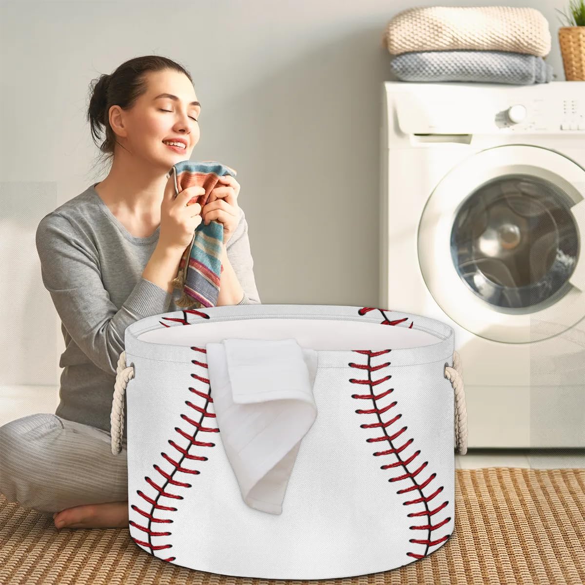 Baseball Lace Large Round Storage Basket Collapsible Circle Storage Bin Laundry Hamper With Handle for Kids Toy Blanket Dirty Clothes Towel Living Room Nursery Storage Organizer