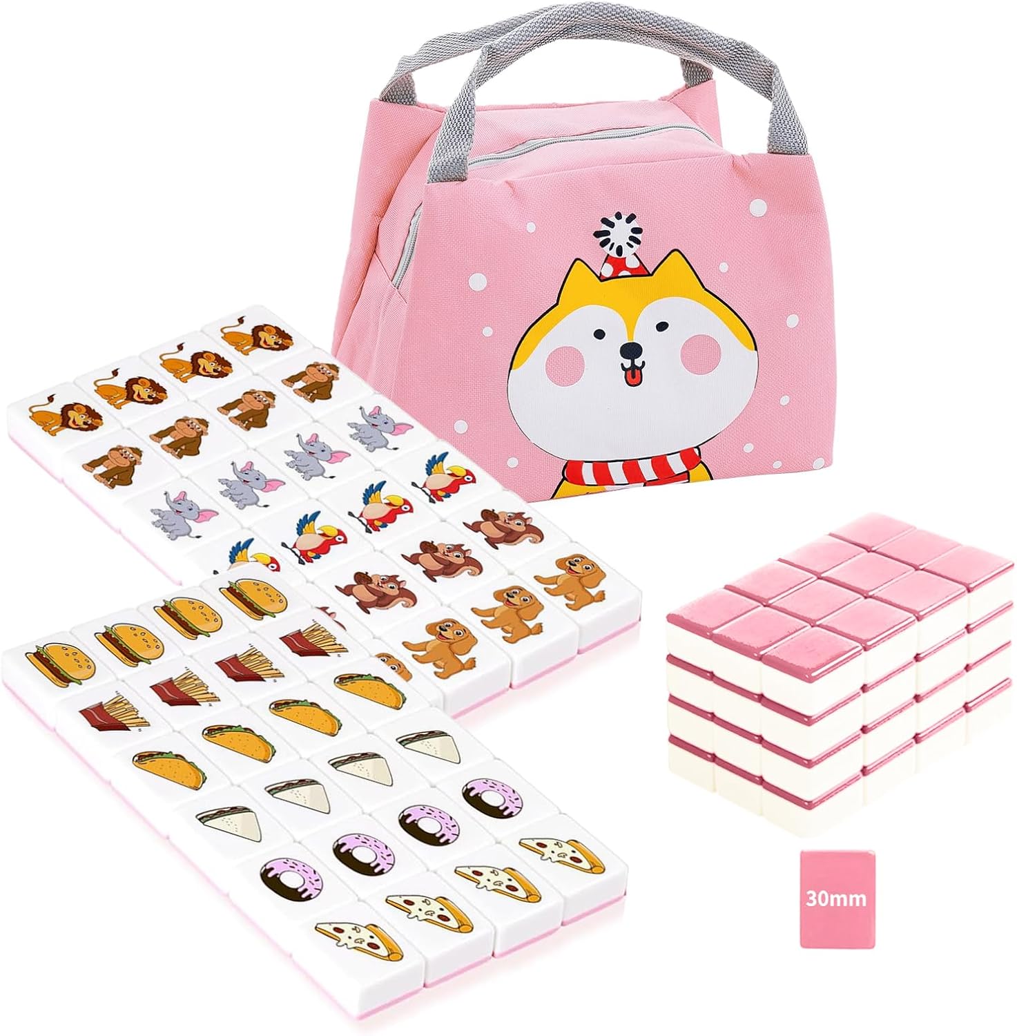 Seaside Escape Game Blocks, Mahjong Tile Game Sets with 49 Tiles 30mm Pet and Food Pattern.