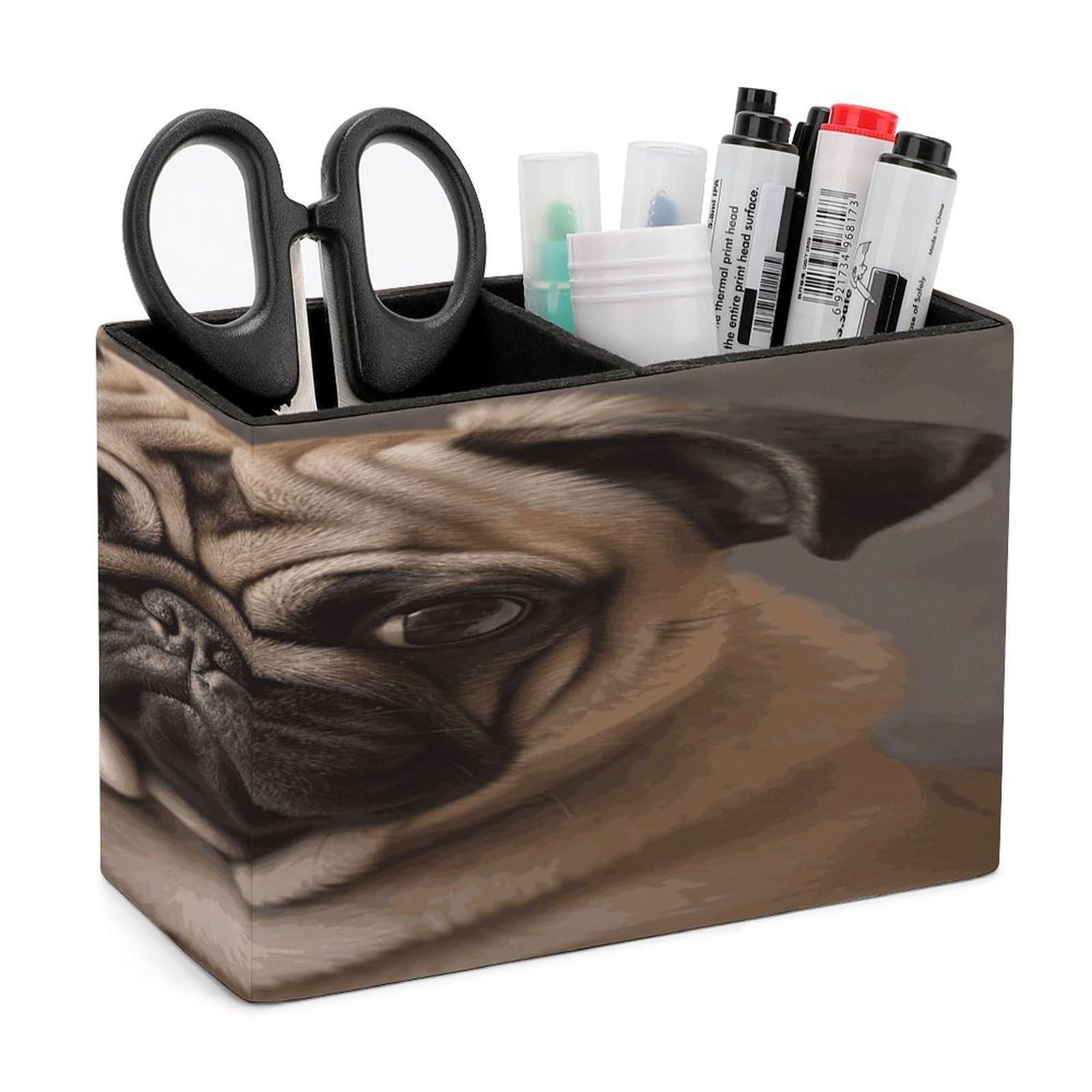 VstaDank Animal Pug Dog Pencil Holder for Desk(Double Slots) Fashion Leather Pencil Cup Simple Rectangular Shape Pen Holder Multi-Functional Pen Cup for Home Office Supplies Storage