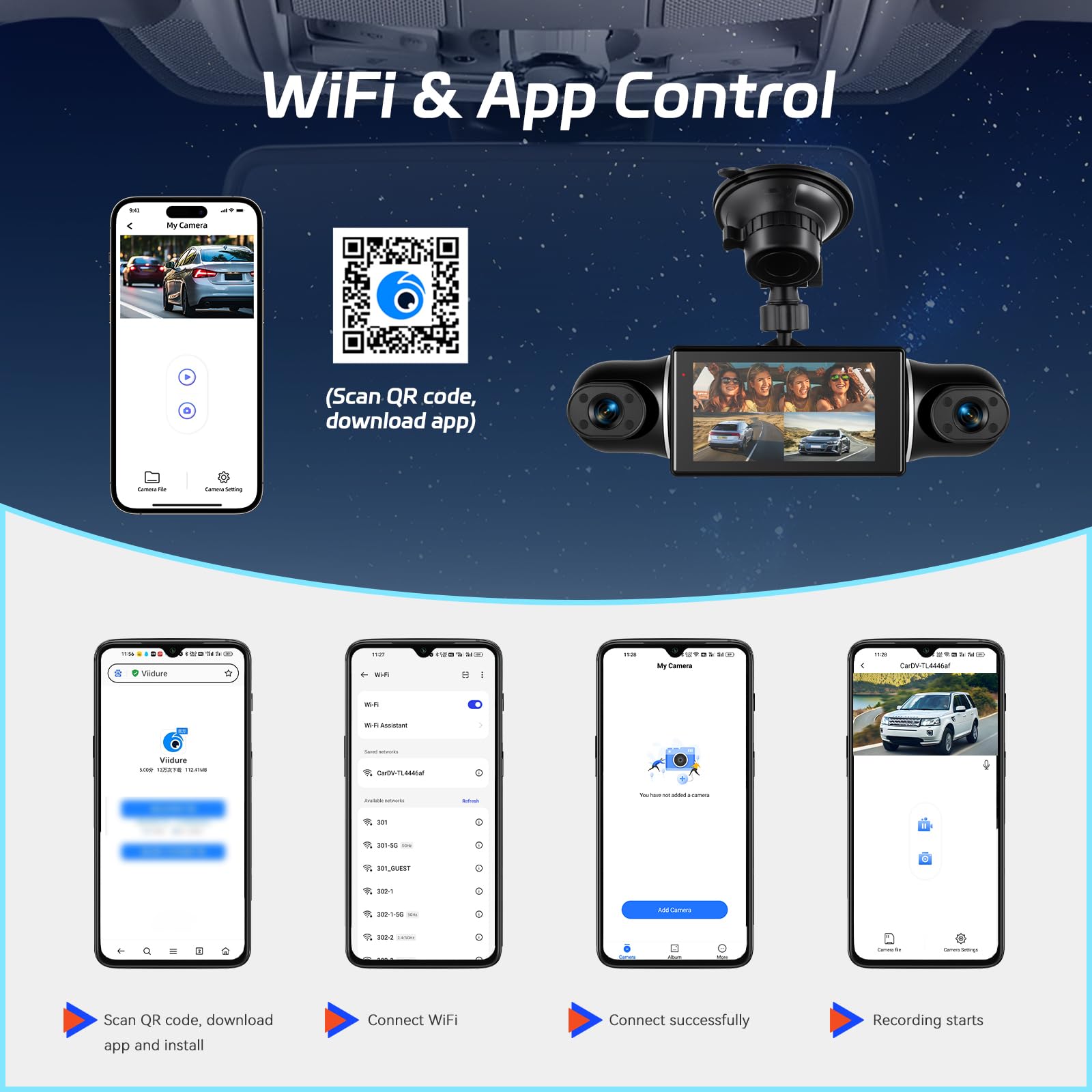 NHOPEEW Cámara para salpicadero 2K 360° de 4 Canales: cámara para Coche con Pantalla IPS de 3 Pulgadas, Sensor G, aplicación WiFi, visión Nocturna y Tarjeta de 64 GB