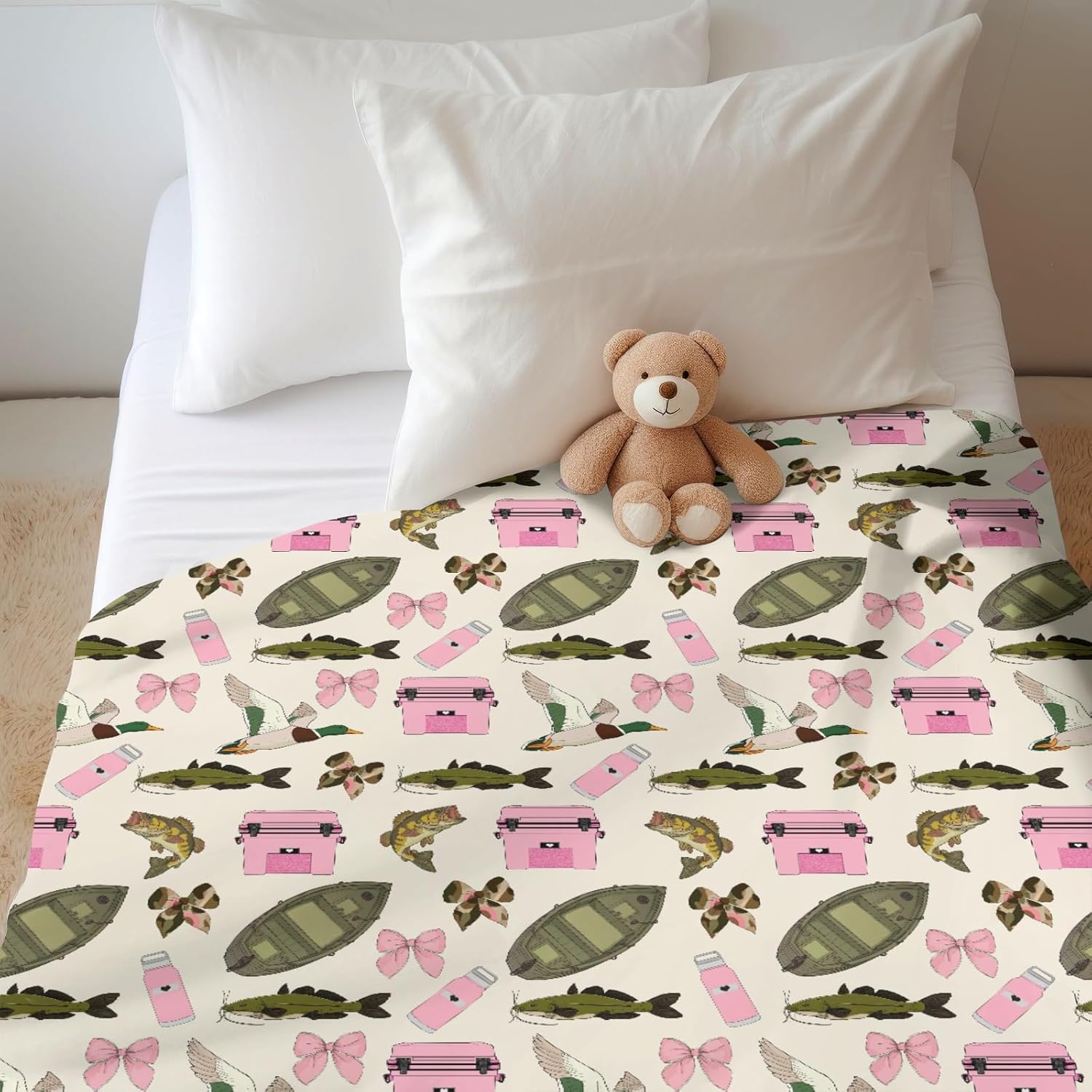 Pink Fishing Hunting Girly Baby Blankets for Girl Boats Bass Fish Duck Bows Soft Flannel Swaddle Blankets for Infant Toddler Crib Summer Lake Country Fishing Nursery Bed Blanket Playmat 40x50inch
