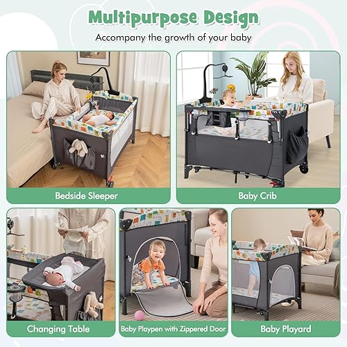 Miniatura 2 de HONEY JOY Cama de noche para bebé, paquete 6 en 1 con moisés infantil, cambiador de pañales y patio de juegos portátil con puerta con cremallera, 4