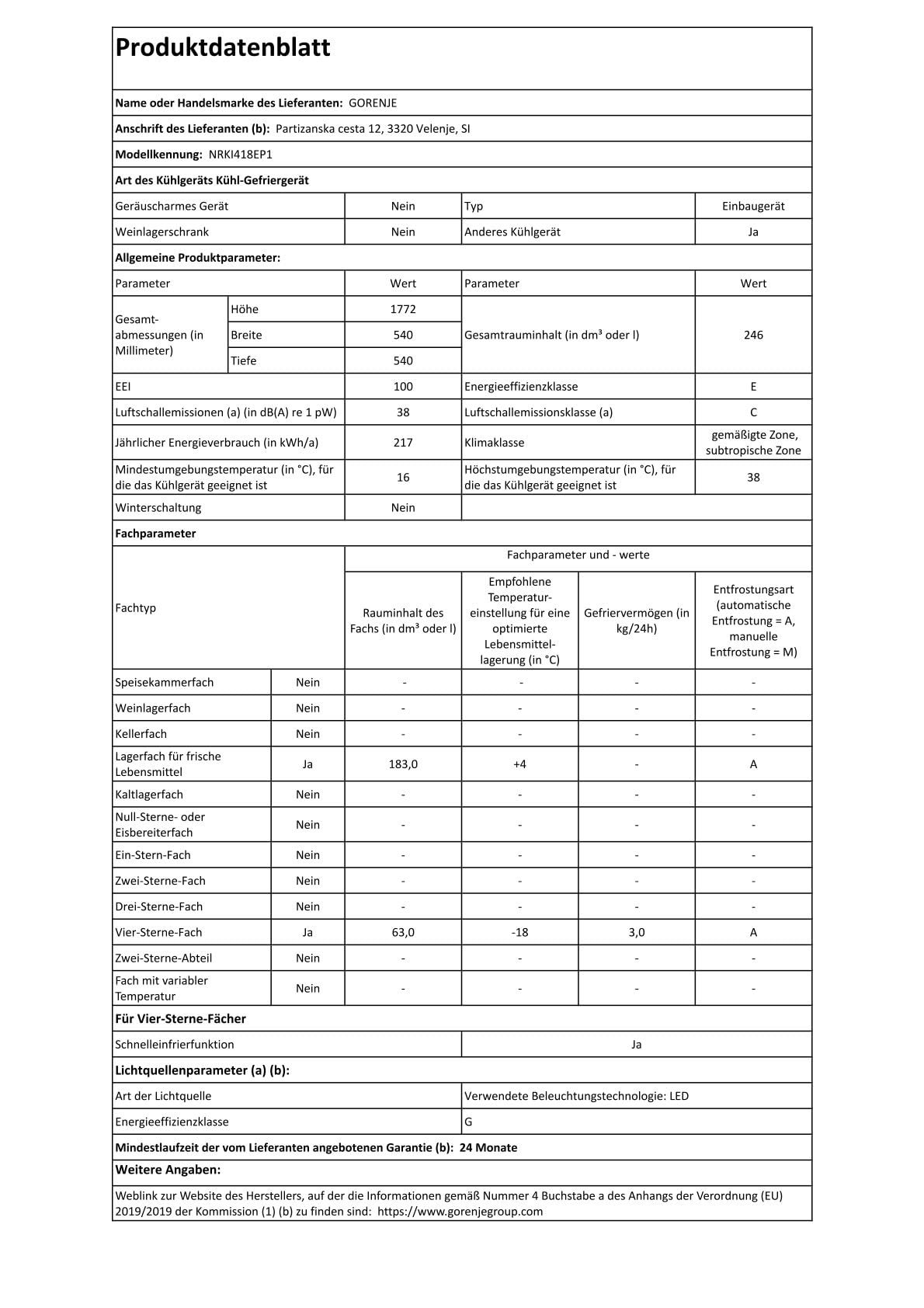 Gorenje NRKI418EP1 Einbau-Kühl-Gefrierkombination