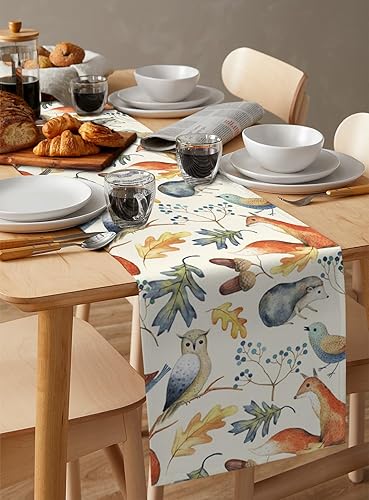 Miniatura 4 de Camino de mesa de otoño, caminos de mesa de animales de otoño, cosecha, búho, pájaro, hojas de zorro, algodón y lino, bufanda, cocina, mesa de