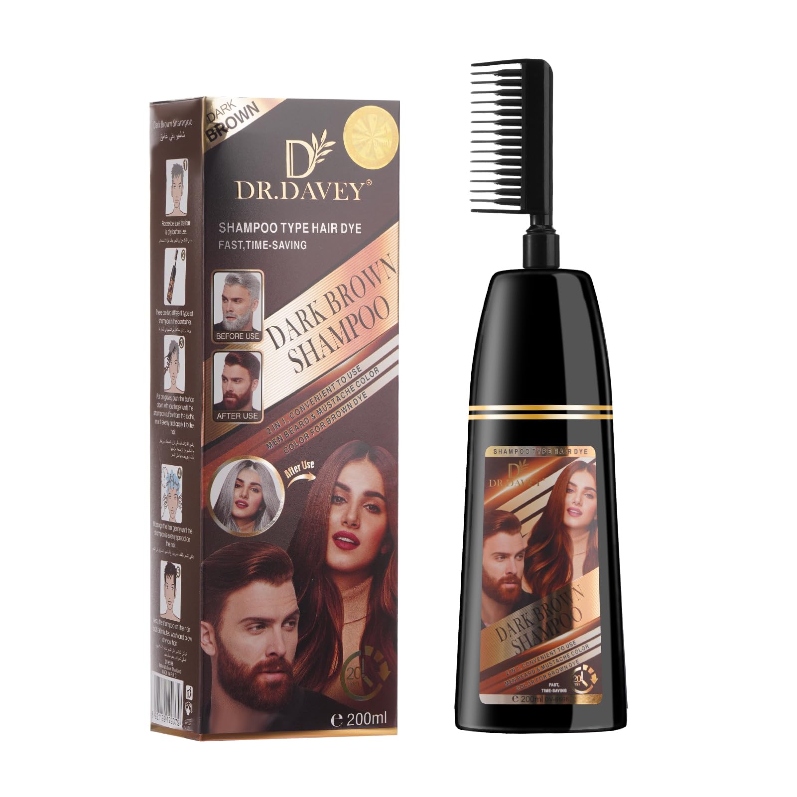 2 in 1 champú de tinte de peine de pelo marrón para pelo gris y la cobertura de la barba, tinte instantáneo y de larga duración champde Color de pelo equipo de viaje, peine teñ Färben, 200 ml