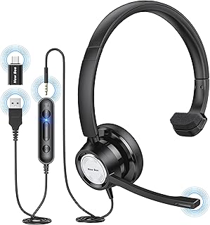 New bee USB Headset with Microphone for PC Computer Headset, Single Ear Headset Noise Cancelling Mic, Call Center Wired Headset with 3.5mm/USB/Type C for Skype Zoom Tablet Laptop (Black)