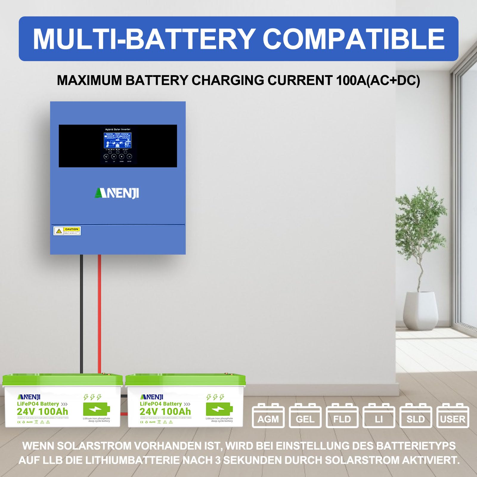 4200W Inverter ibrido a onda sinusoidale pura, Tensione a Circuito Aperto Fotovoltaico 60–500 Vcc Dotato di un MPPT da 100A e di un modulo WiFi integrato, Supporta la modalità senza batteria