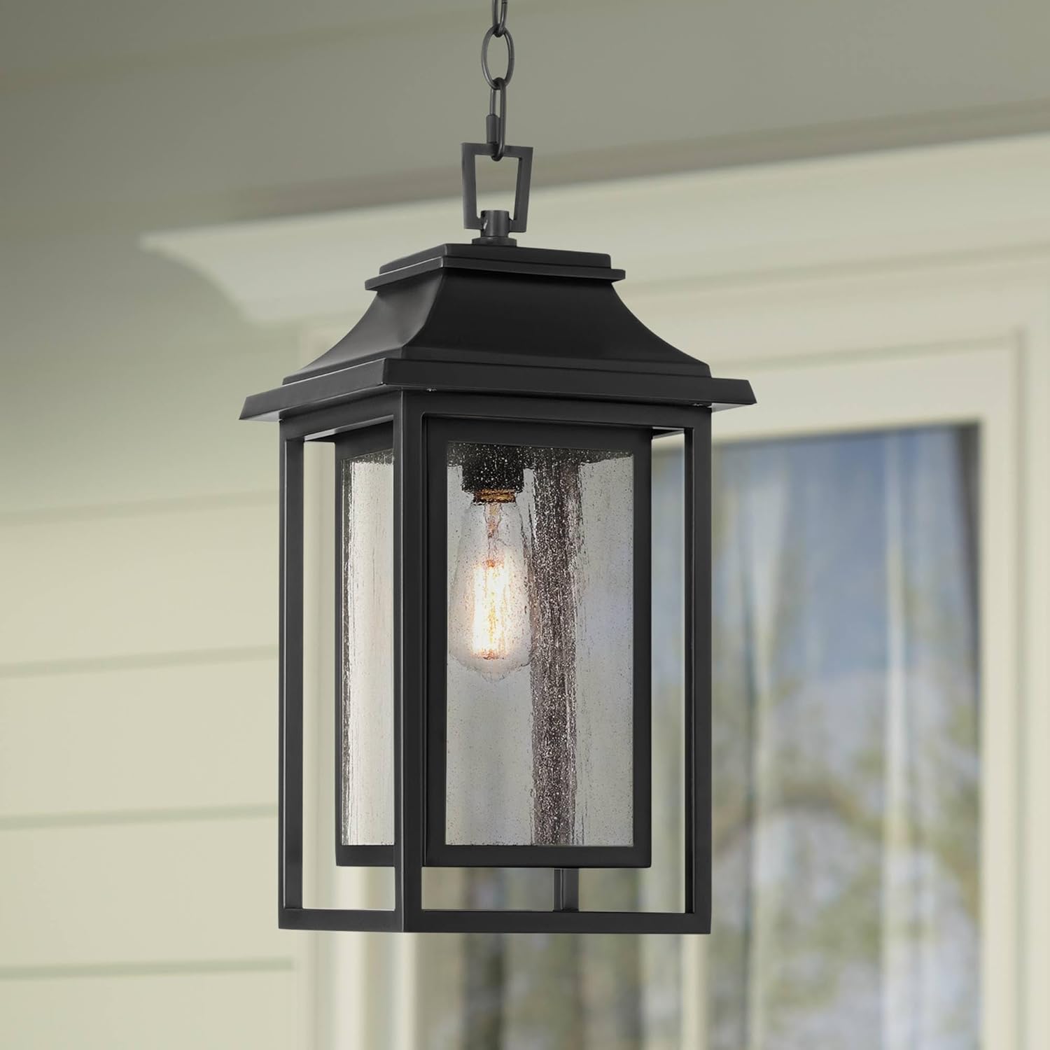 John Timberland Cecile 19 1/2" High Farmhouse Rustic Outdoor Pendant Light Fixture Ceiling Porch House Exterior Outside Lantern Hanging Lantern Weatherproof Painted Black Clear Seeded Glass Shade