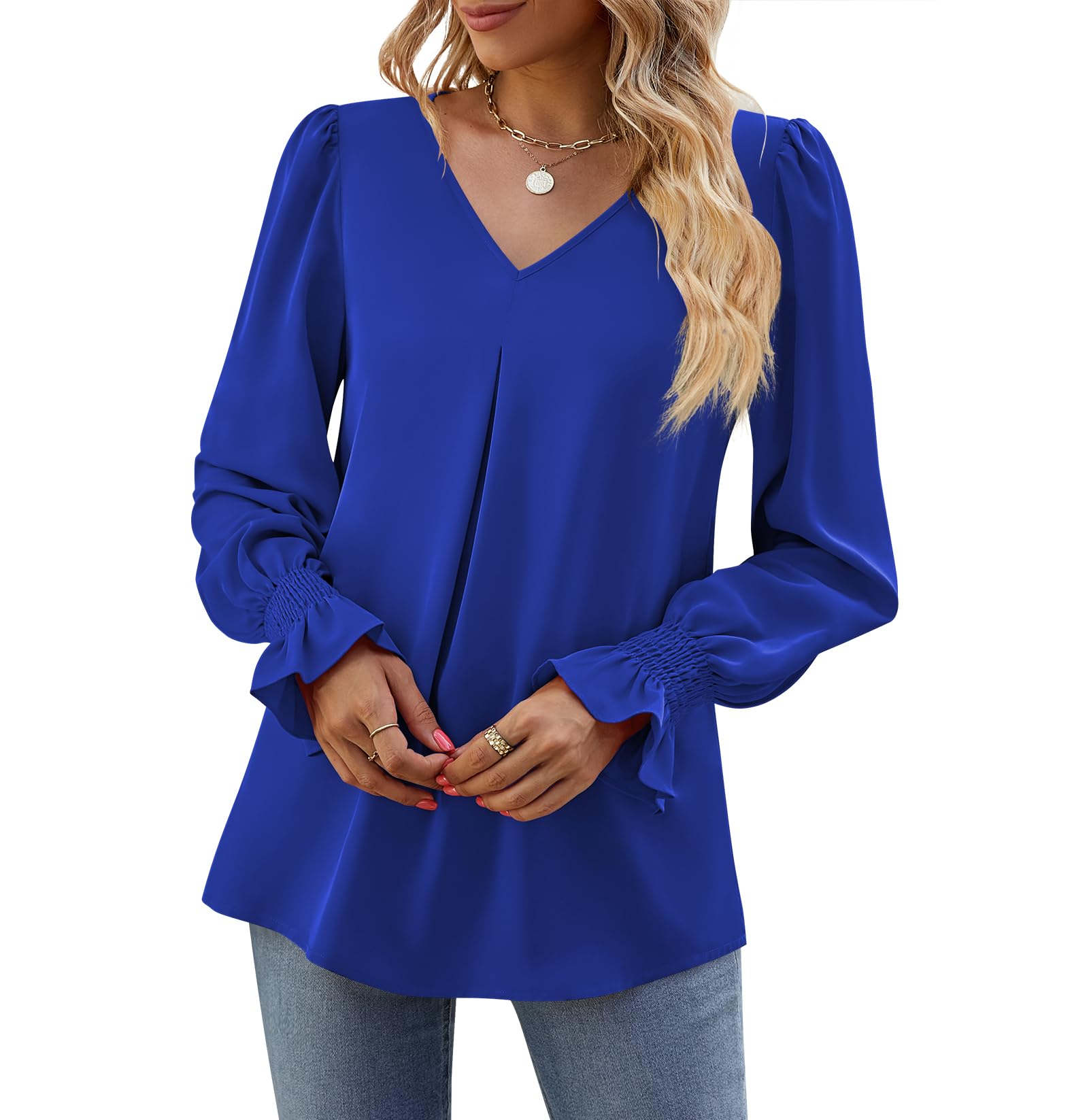 Funlingo Women's 2025 Long Sleeve Tops Dressy Casual V Neck Tunic Shirts Loose Chiffon Work Blouse